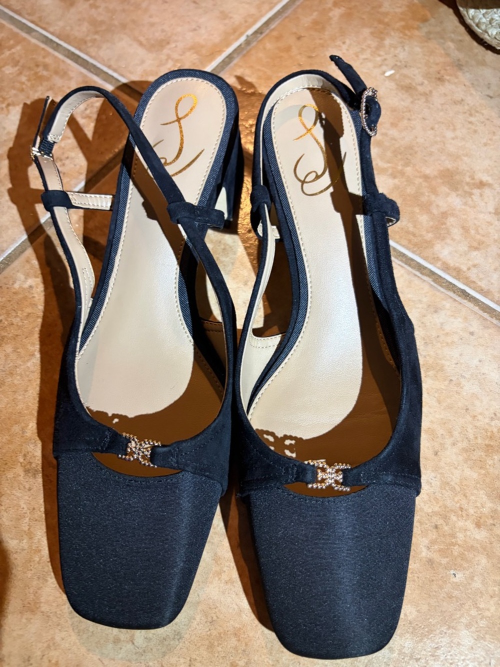 Stuart Weitzman Black Slingback Square-Toe Heels with Rhinestone Accent